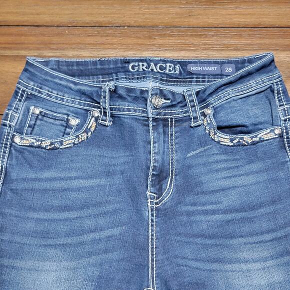 Grace In LA High Waist Denim Jeans w/ Raw Hem Bell Bottoms & Bling - Size 28 - Picture 2 of 10